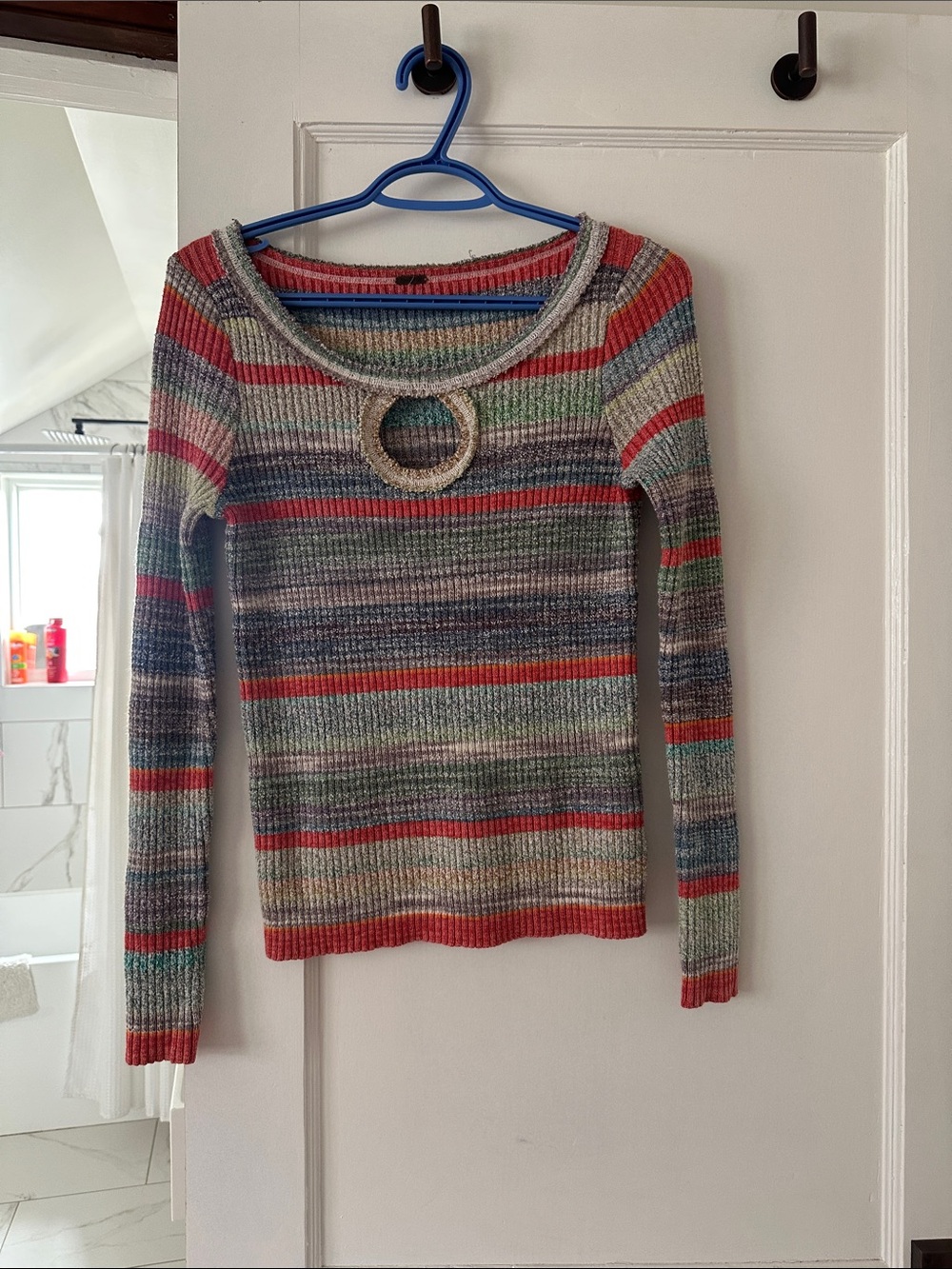 Free People Multicolor Striped Keyhole Ribbed Scoop Neck Sweater